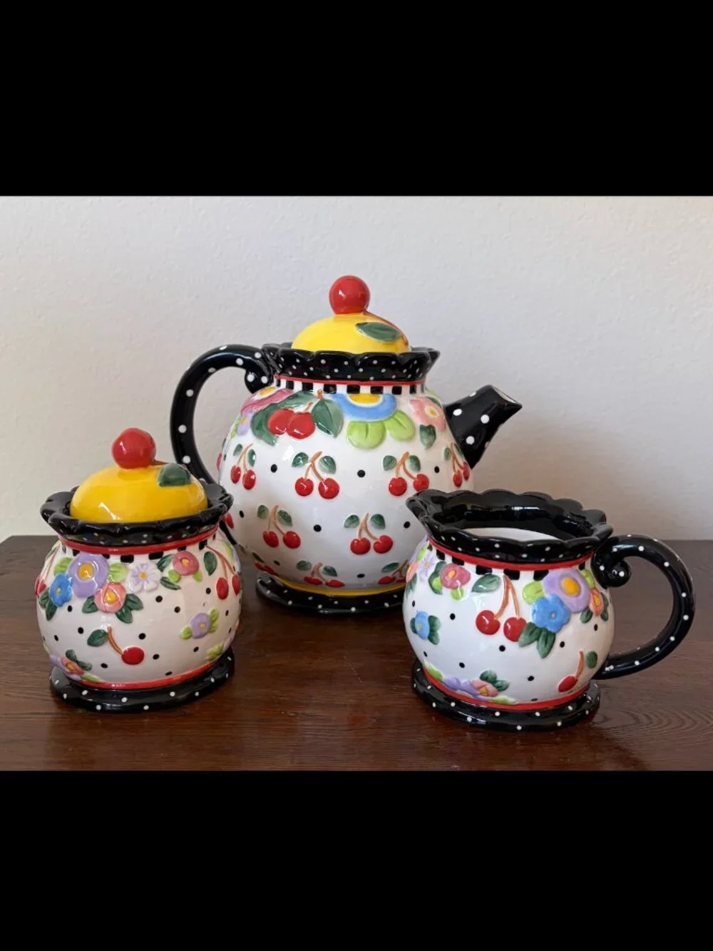 Mary Engelbreit Oh So Breit Teapot Creamer Sugar Set, Cherries and Flowers